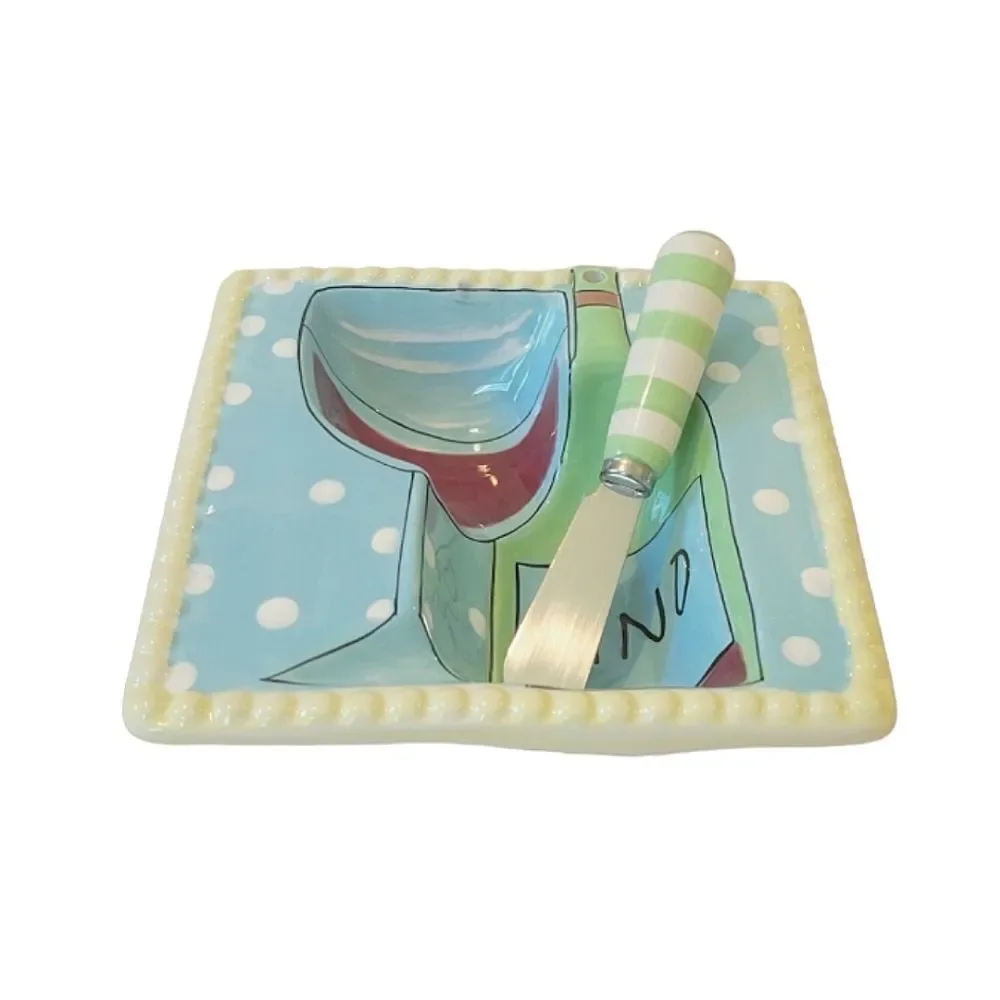 Mud Pie Vino Cheese Appetizer  Dip Ceramic Bowl With Knife - Picture 2 of 4